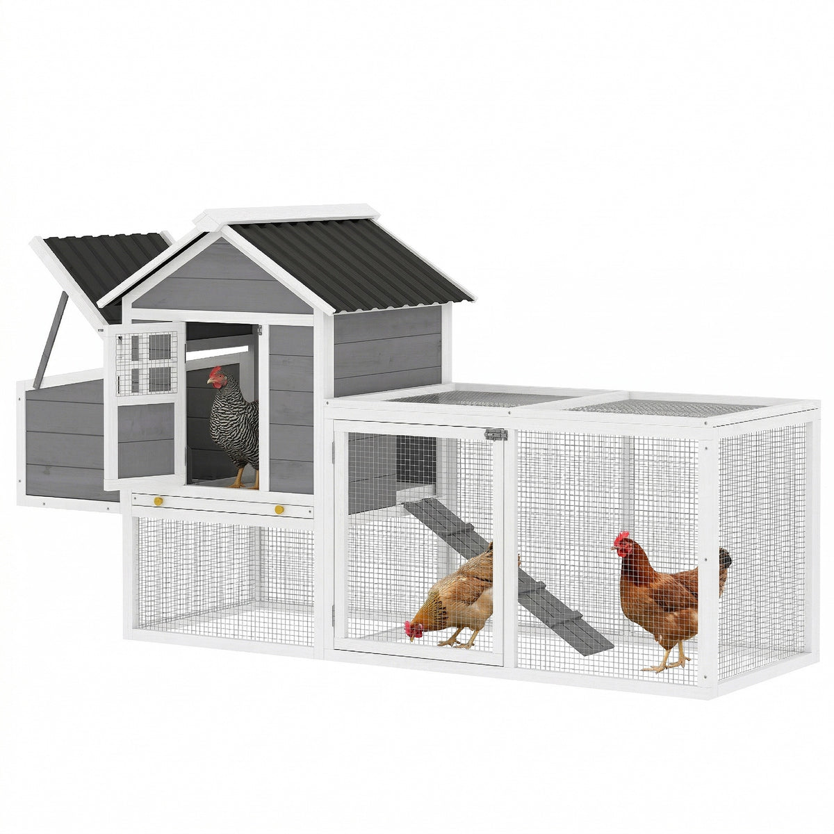 PawHut 82" Wooden Chicken Coop, Large Outdoor Hen House for 2-3 Hens, Chicken House with Nesting Box, Pull-on Tray