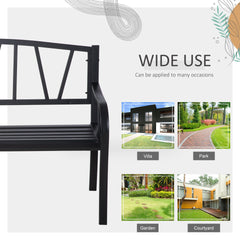 Outsunny 50" Outdoor Bench, Metal Garden Bench with V-Shaped Pattern Backrest, Porch Bench with Slatted Seat for Park, Yard, Lawn, Black