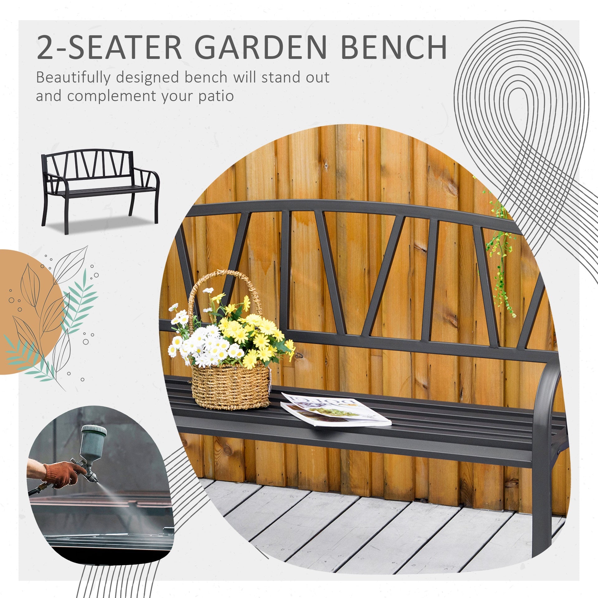 Outsunny 50" Outdoor Bench, Metal Garden Bench with V-Shaped Pattern Backrest, Porch Bench with Slatted Seat for Park, Yard, Lawn, Black