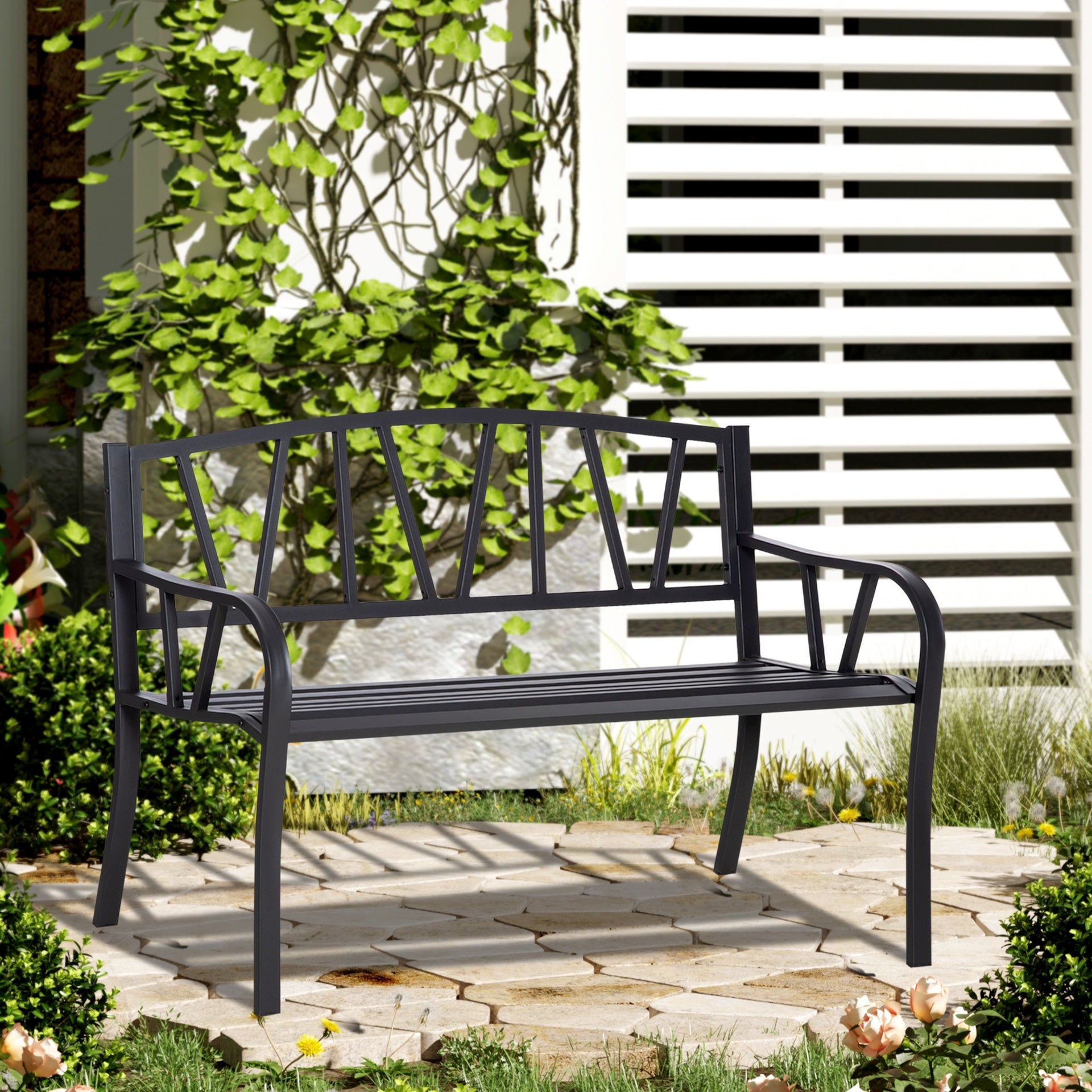 Outsunny 50" Outdoor Bench, Metal Garden Bench with V-Shaped Pattern Backrest, Porch Bench with Slatted Seat for Park, Yard, Lawn, Black
