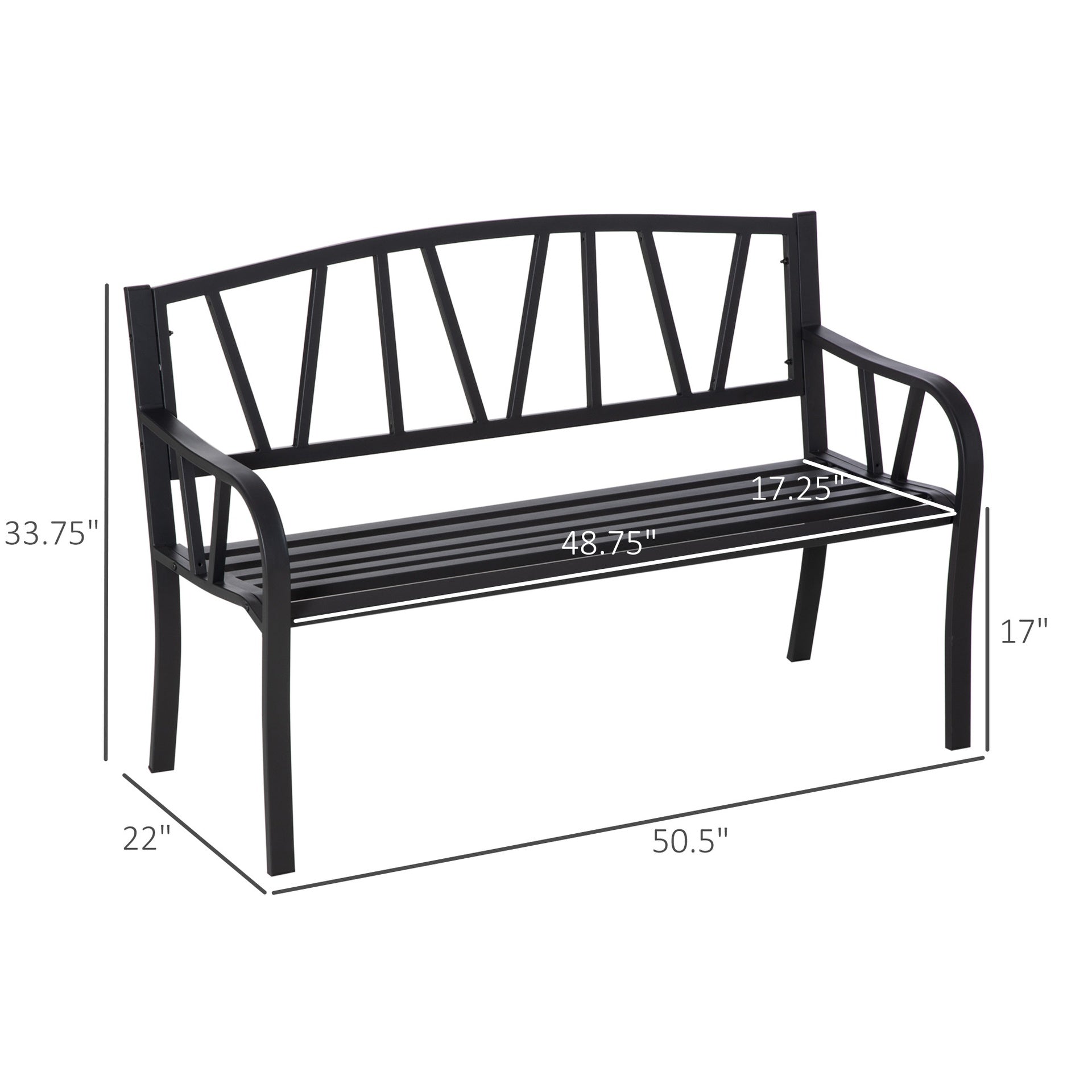 Outsunny 50" Outdoor Bench, Metal Garden Bench with V-Shaped Pattern Backrest, Porch Bench with Slatted Seat for Park, Yard, Lawn, Black