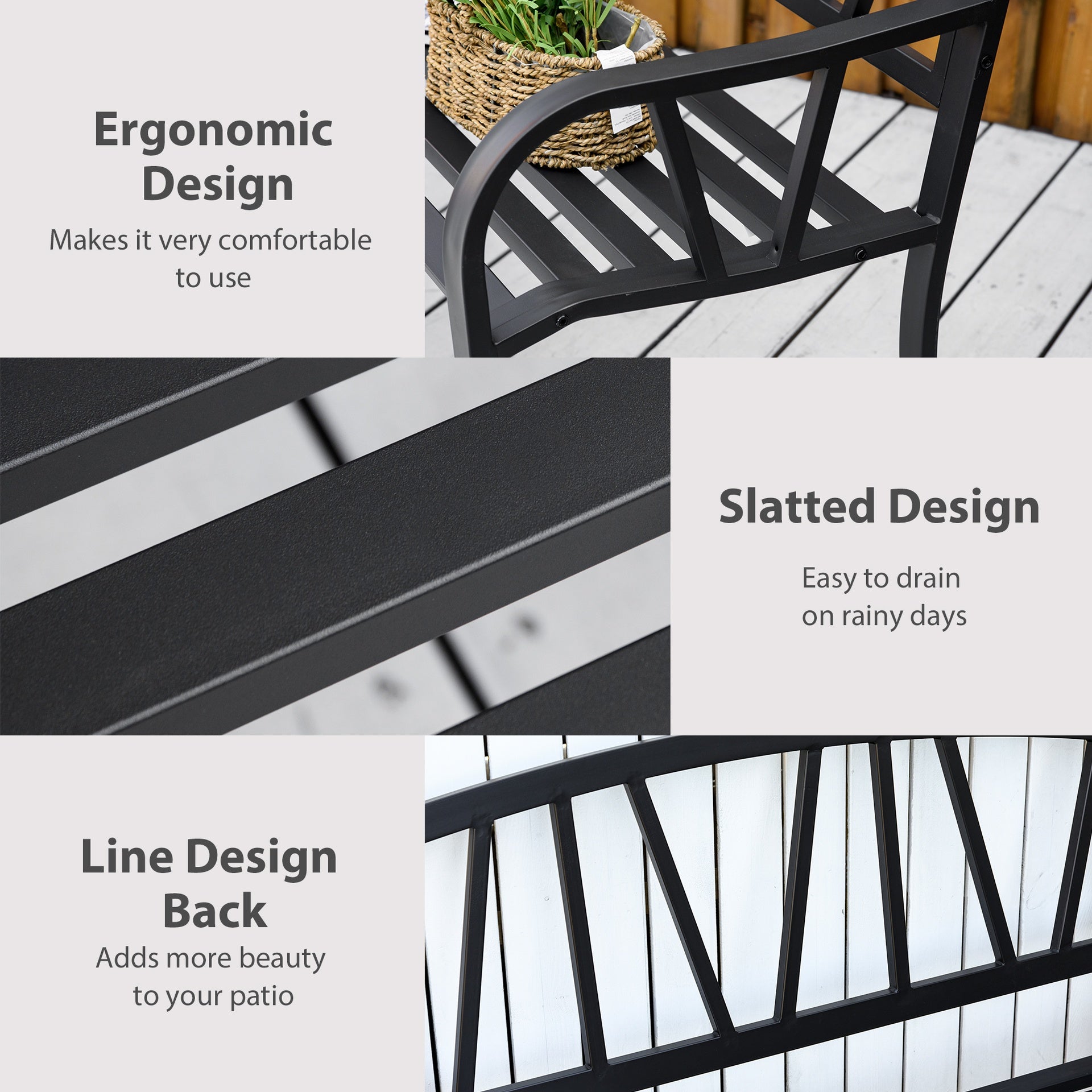 Outsunny 50" Outdoor Bench, Metal Garden Bench with V-Shaped Pattern Backrest, Porch Bench with Slatted Seat for Park, Yard, Lawn, Black