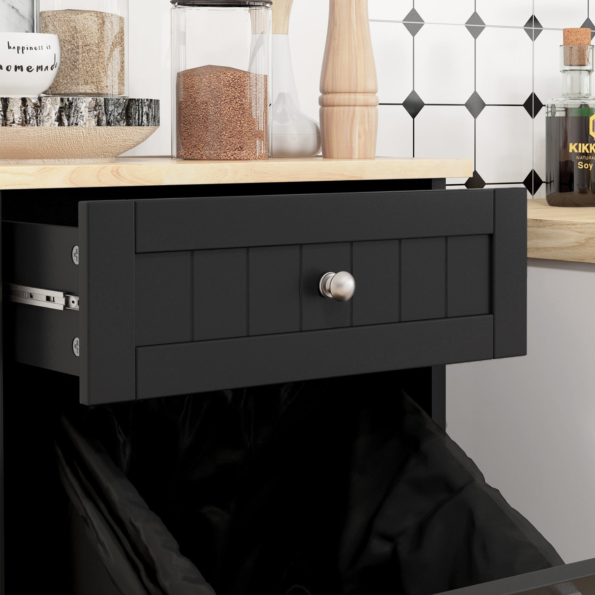 HOMCOM 10 Gallon Tilt Out Trash Cabinet, Wooden Hidden Trash Can with Storage Drawer for Kitchen, Laundry Hamper Cabinet for Bathroom, Black