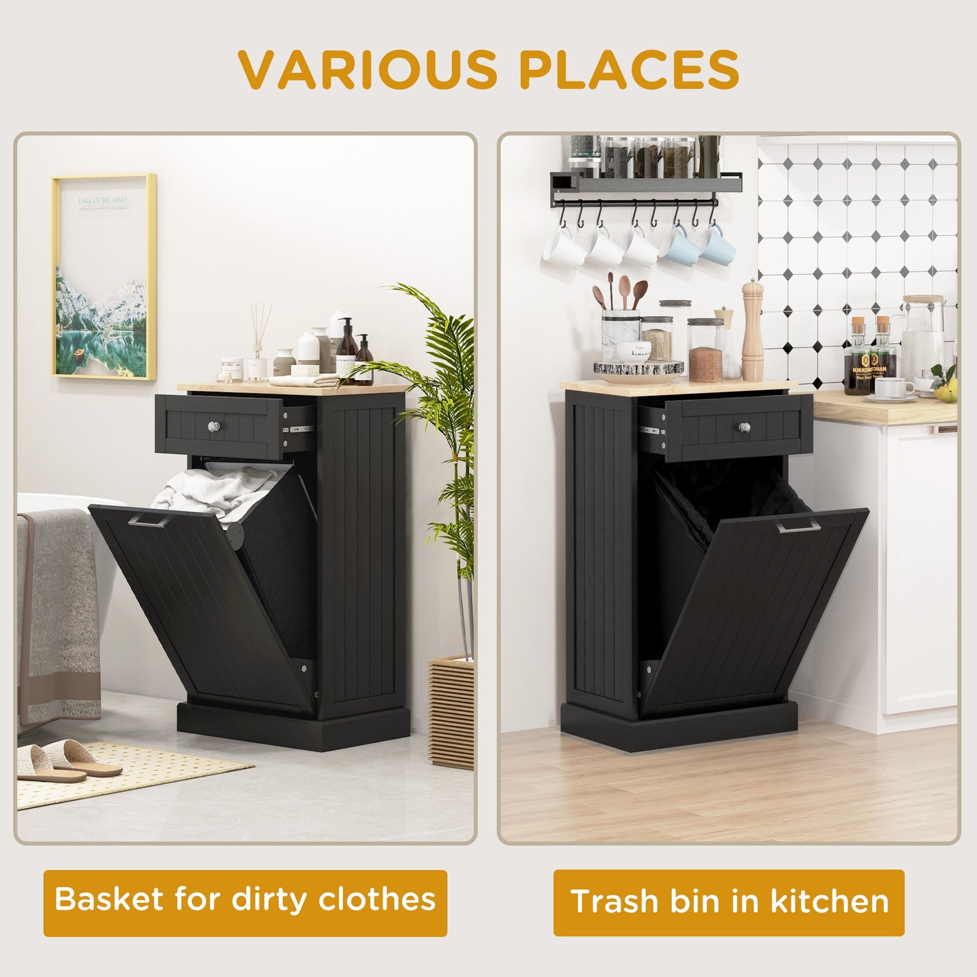 HOMCOM 10 Gallon Tilt Out Trash Cabinet, Wooden Hidden Trash Can with Storage Drawer for Kitchen, Laundry Hamper Cabinet for Bathroom, Black