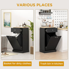 HOMCOM 10 Gallon Tilt Out Trash Cabinet, Wooden Hidden Trash Can with Storage Drawer for Kitchen, Laundry Hamper Cabinet for Bathroom, Black
