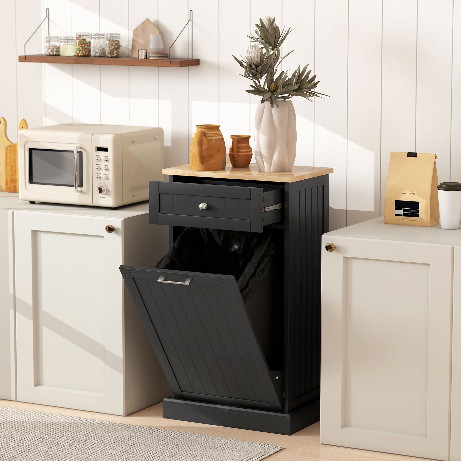 HOMCOM 10 Gallon Tilt Out Trash Cabinet, Wooden Hidden Trash Can with Storage Drawer for Kitchen, Laundry Hamper Cabinet for Bathroom, Black
