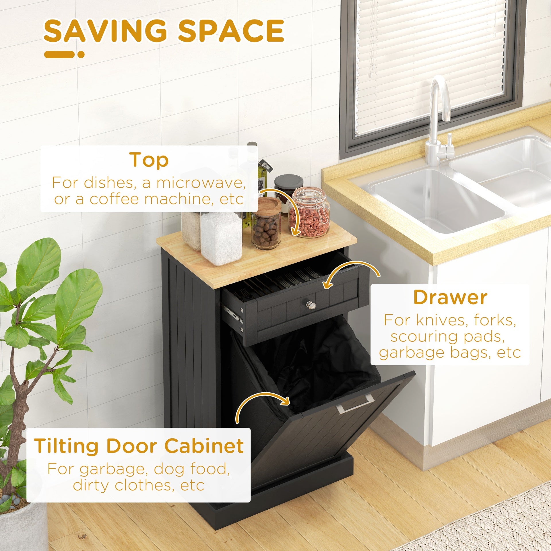HOMCOM 10 Gallon Tilt Out Trash Cabinet, Wooden Hidden Trash Can with Storage Drawer for Kitchen, Laundry Hamper Cabinet for Bathroom, Black