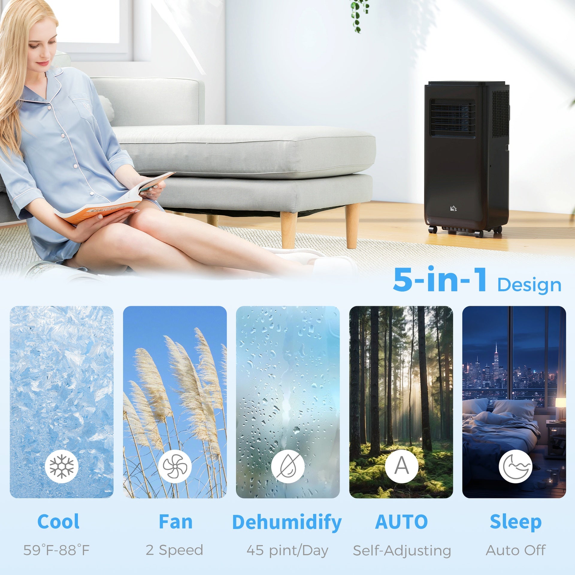 HOMCOM 8,000 BTU Moible Air Conditioner 345 Sq. Ft., Dehumidifier Fan Auto Sleep with 24H Timer On/Off, Window Kit, Black