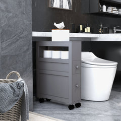 kleankin Space Saving Narrow Bathroom Storage Cabinet, Bath Toilet Paper Holder with Drawers and Rolling Wheels, Gray