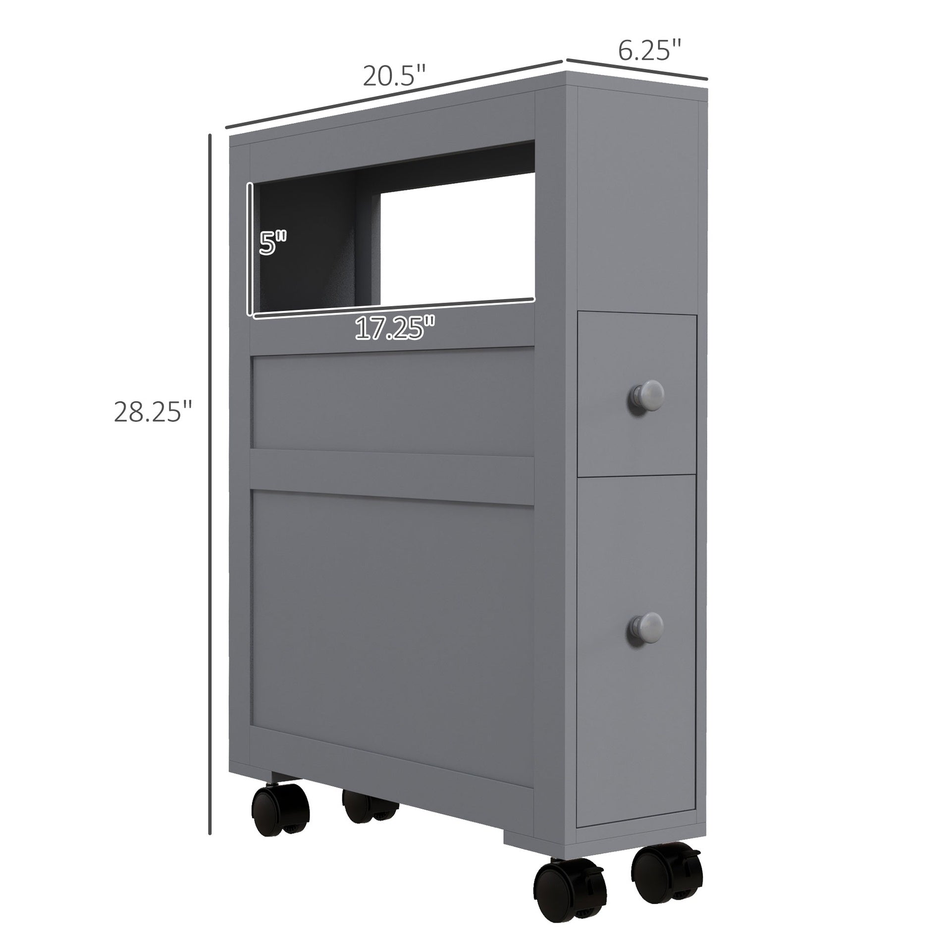 kleankin Space Saving Narrow Bathroom Storage Cabinet, Bath Toilet Paper Holder with Drawers and Rolling Wheels, Gray