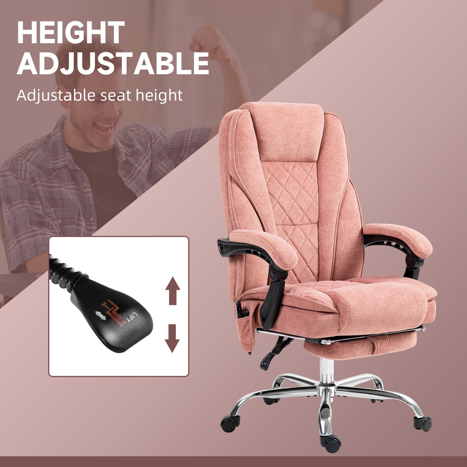 Vinsetto Massage Office Chair, Heated Reclining Computer Chair with Adjustable Height and Footrest, Pink