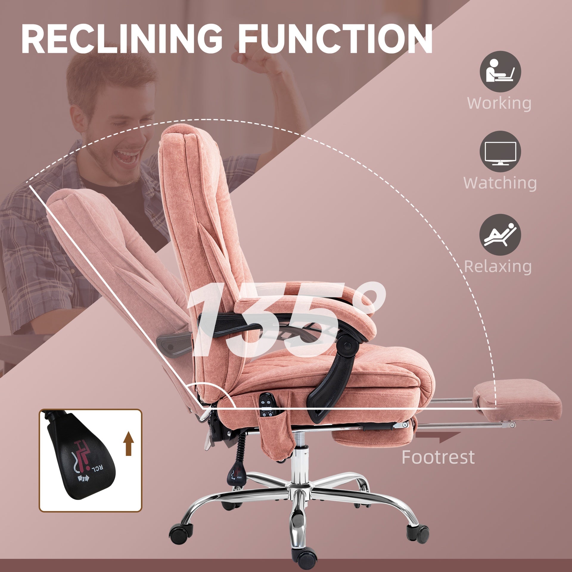 Vinsetto Massage Office Chair, Heated Reclining Computer Chair with Adjustable Height and Footrest, Pink