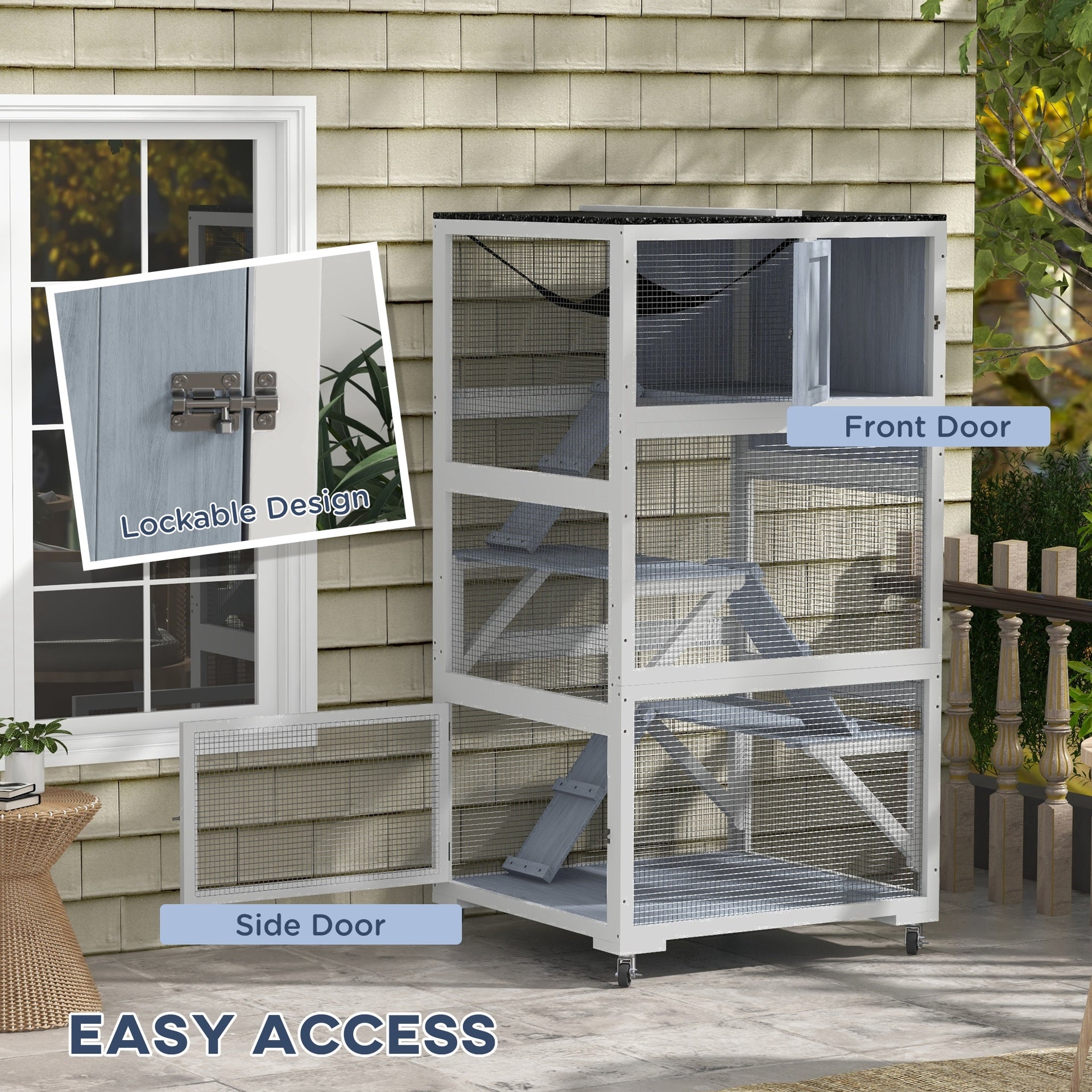 PawHut Catio, Outdoor Cat Enclosure House on Wheels with Hammock, Gray
