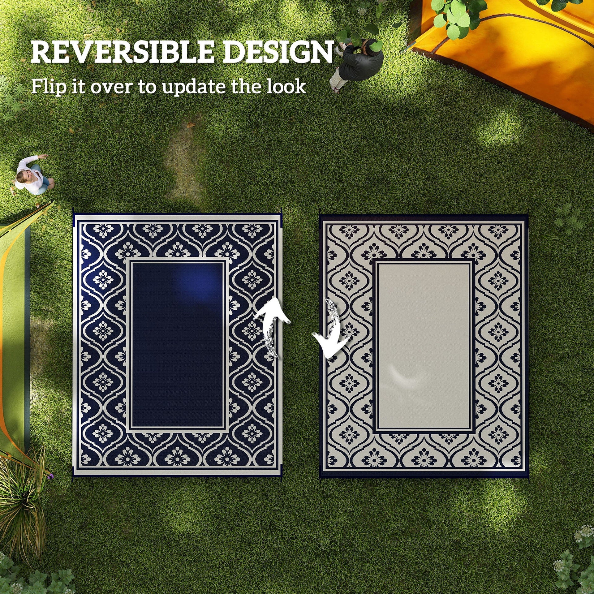 Outsunny Reversible Outdoor Rug, Waterproof Plastic Straw with Carry Bag, 8' x 10', Blue & White Gourd Border