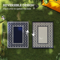 Outsunny Reversible Outdoor Rug, Waterproof Plastic Straw with Carry Bag, 8' x 10', Blue & White Gourd Border