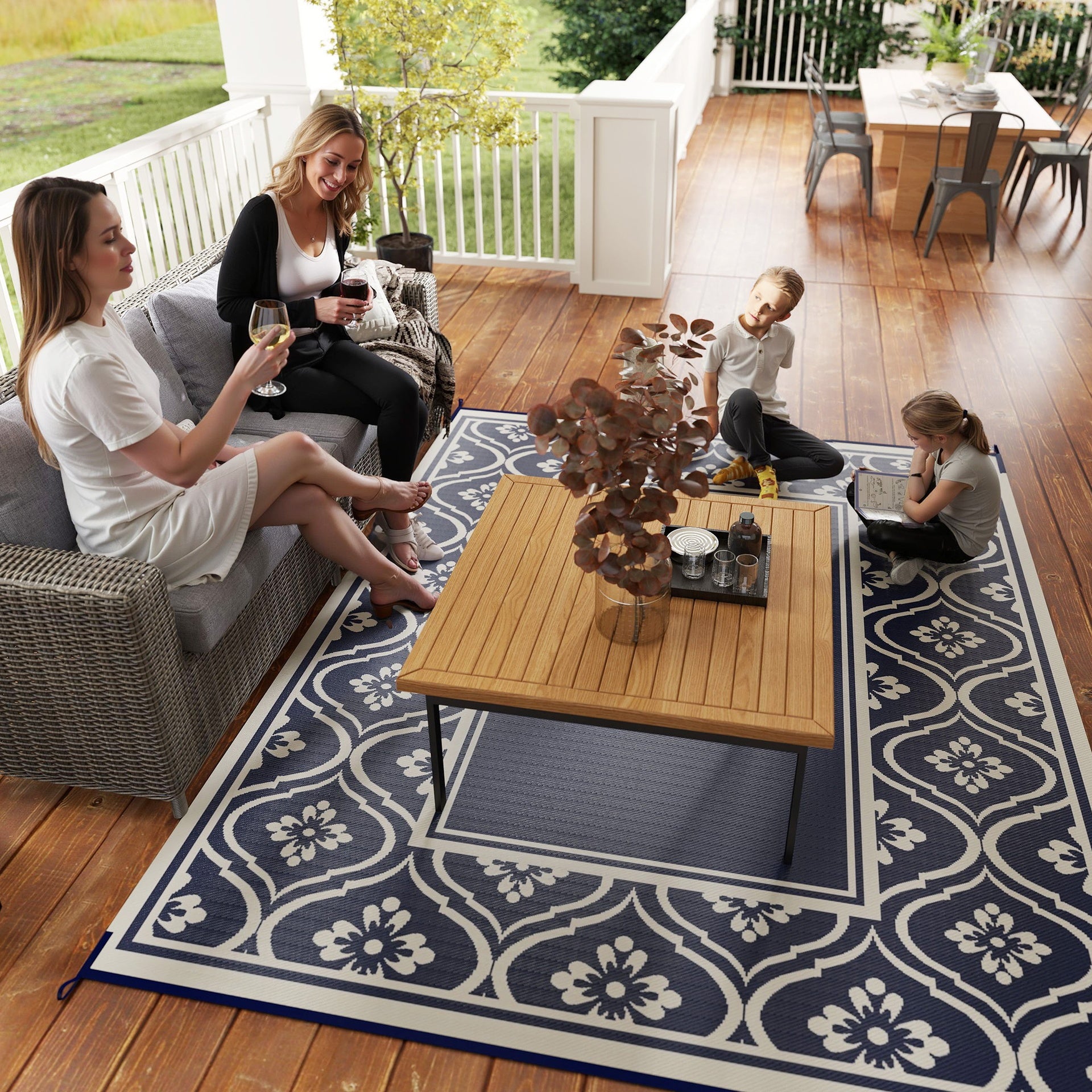 Outsunny Reversible Outdoor Rug, Waterproof Plastic Straw with Carry Bag, 8' x 10', Blue & White Gourd Border