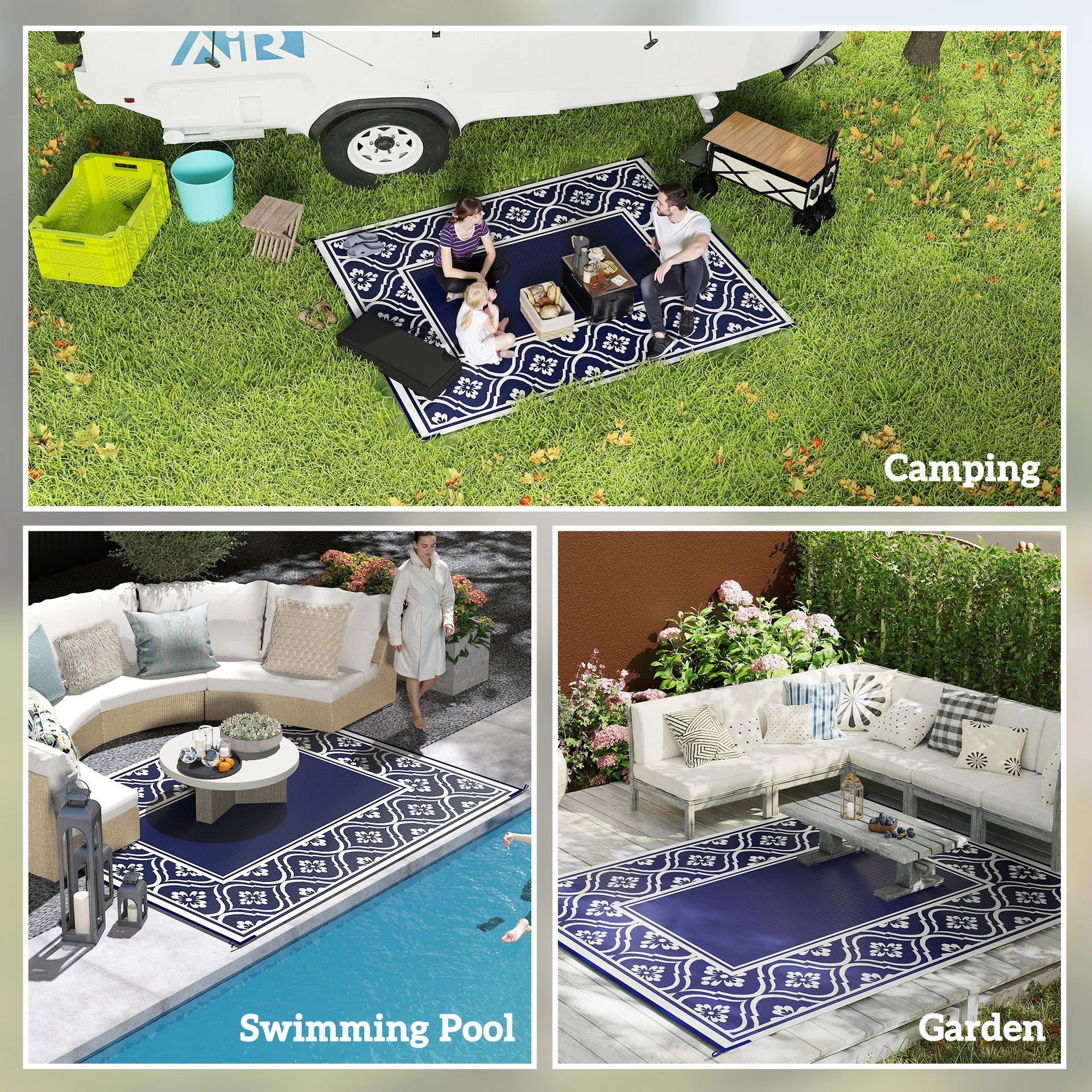 Outsunny Reversible Outdoor Rug, Waterproof Plastic Straw with Carry Bag, 8' x 10', Blue & White Gourd Border