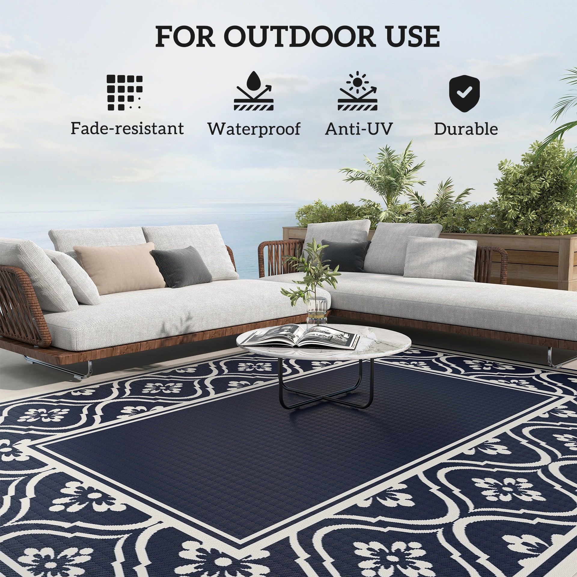 Outsunny Reversible Outdoor Rug, Waterproof Plastic Straw with Carry Bag, 8' x 10', Blue & White Gourd Border