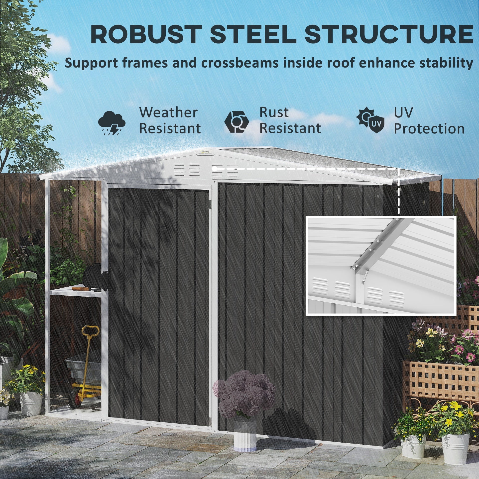 Outsunny 8 x 4ft Outdoor Garden Shed, Metal Shed with Air Vents and Lock for Backyard, Garden, Patio, Dark Gray