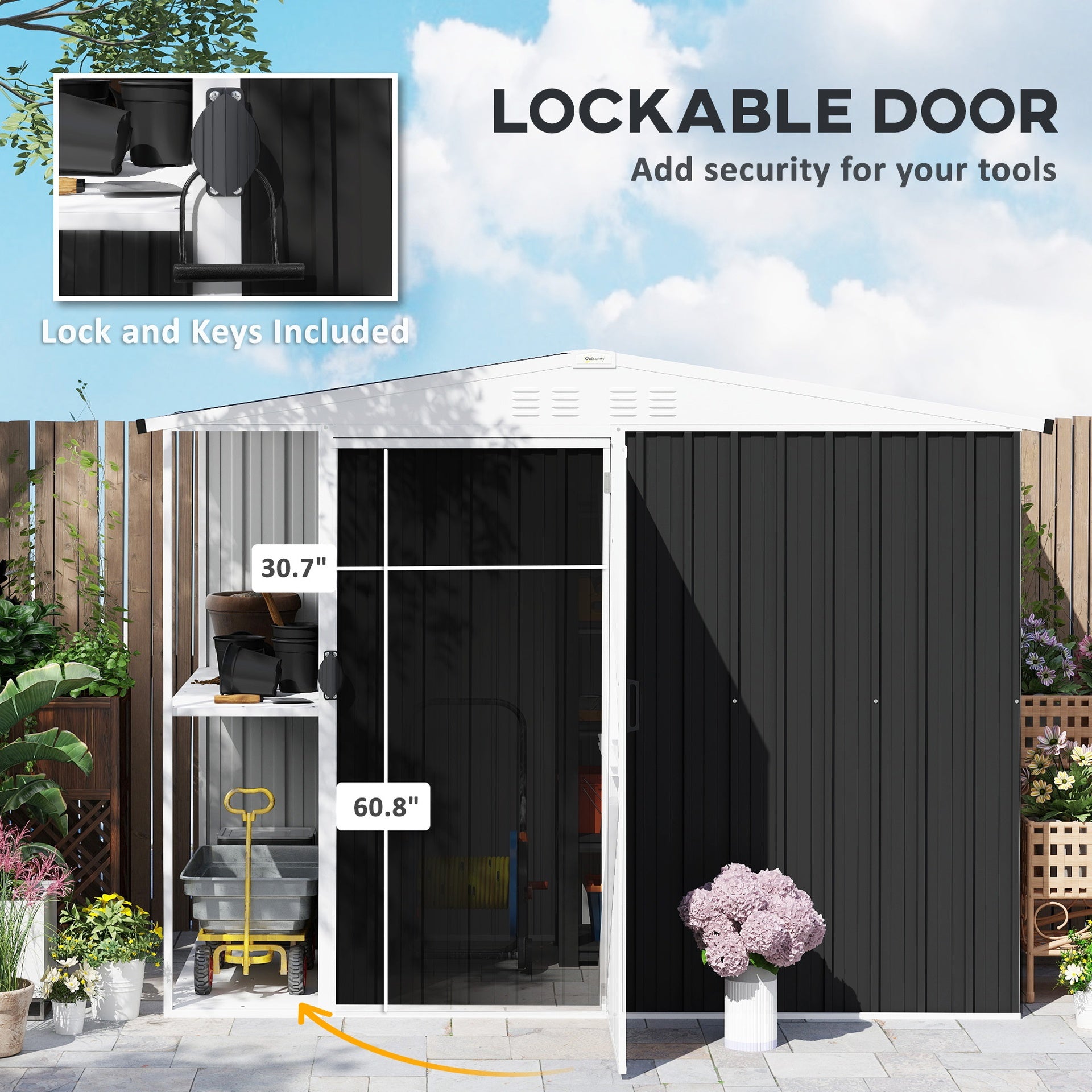 Outsunny 8 x 4ft Outdoor Garden Shed, Metal Shed with Air Vents and Lock for Backyard, Garden, Patio, Dark Gray
