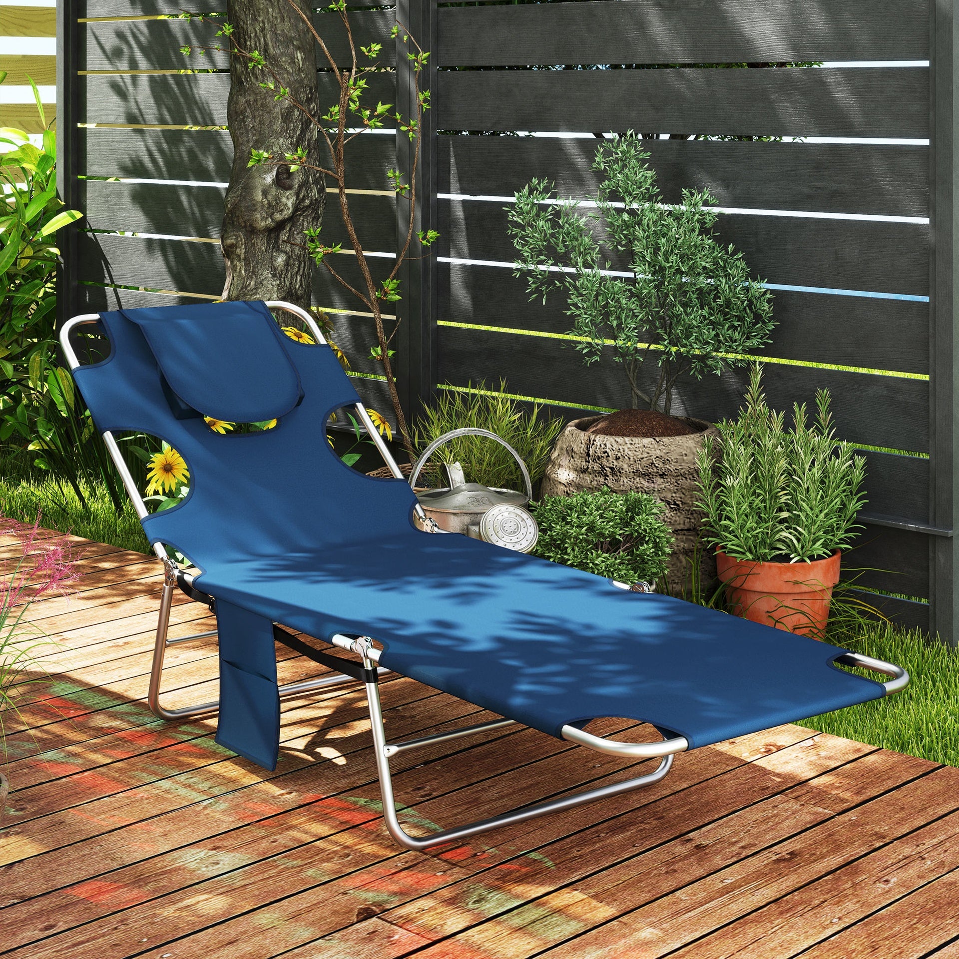 Outsunny Tanning Chair with Face Hole, 5-Level Adjustable Outdoor Chaise Lounge Chair with Pillow for Beach, Pool, Dark Blue