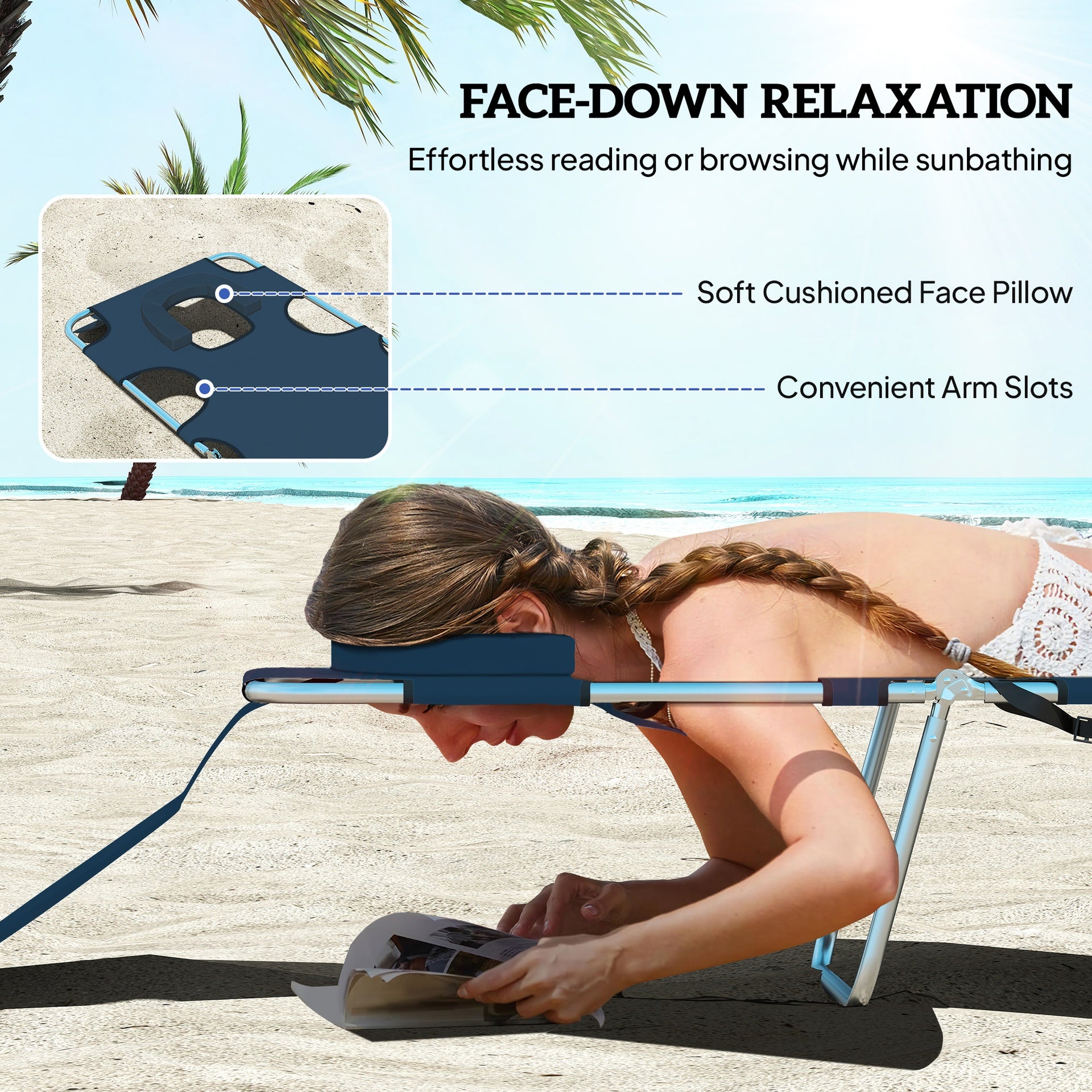 Outsunny Tanning Chair with Face Hole, 5-Level Adjustable Outdoor Chaise Lounge Chair with Pillow for Beach, Pool, Dark Blue