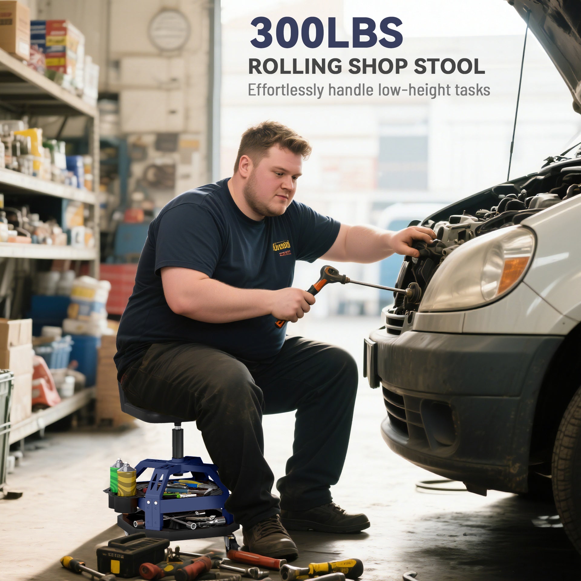 HOMCOM Rolling Creeper Garage Stool, 300 LBS Capacity Mechanic Stool with 360° Wheels, Tool Tray, Adjustable Height, Blue