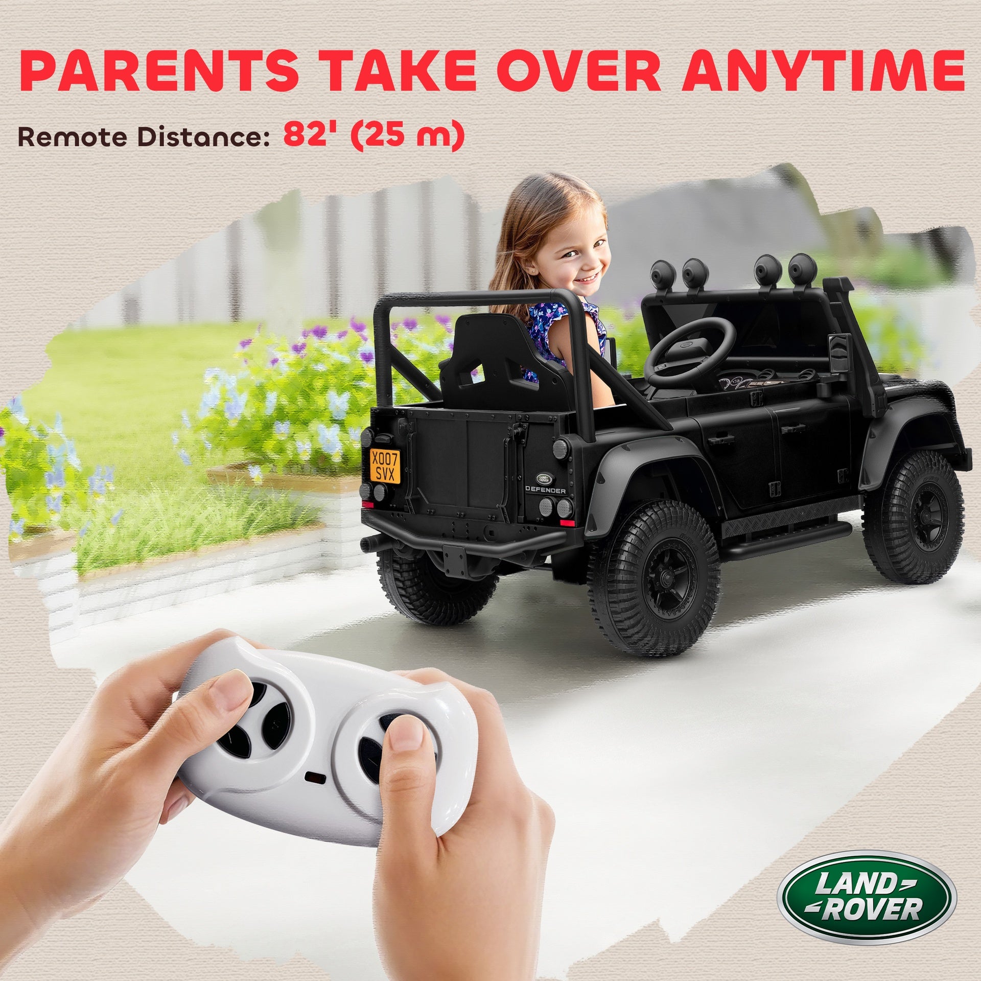 Qaba Land Rover Licensed Electric Car for Kids with Remote Control, Dual Motors, Spring Suspension, LED Lights, Black