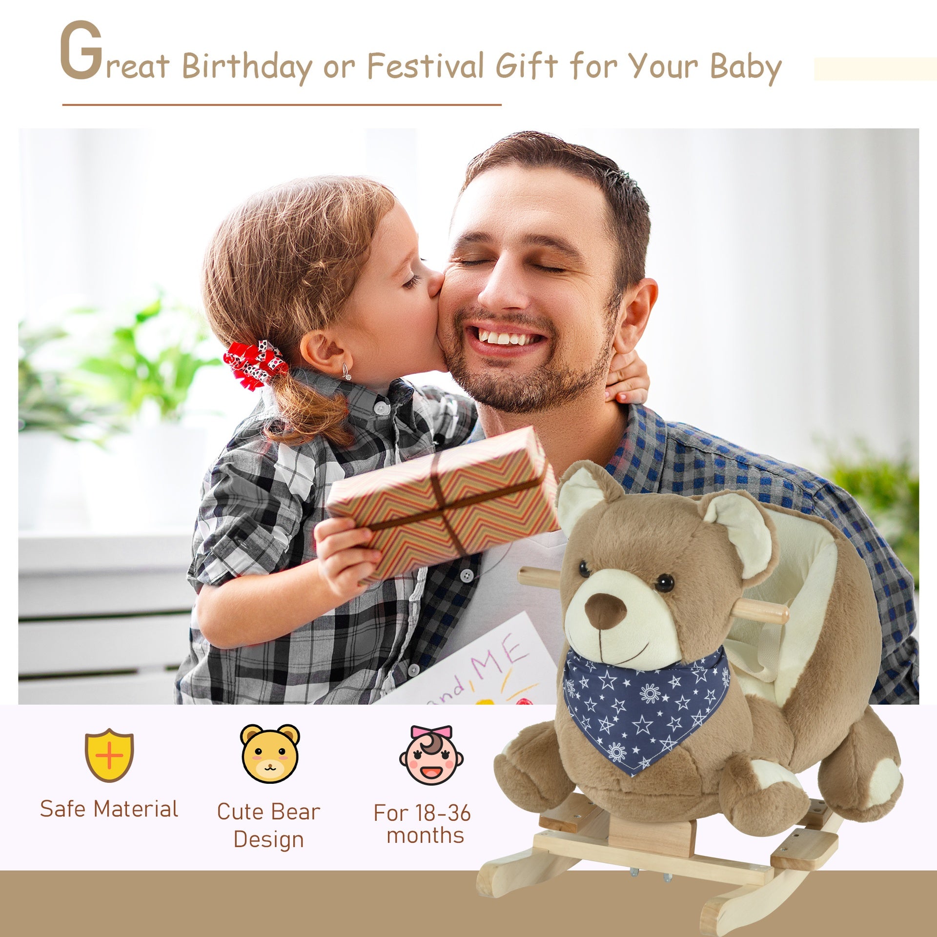 Qaba Baby Rocking Horse with Lullaby, Ride On Horse, Bear Themed Plush Animal Rocker with Pedals for Ages 18-36 Months, Easy to Assemble