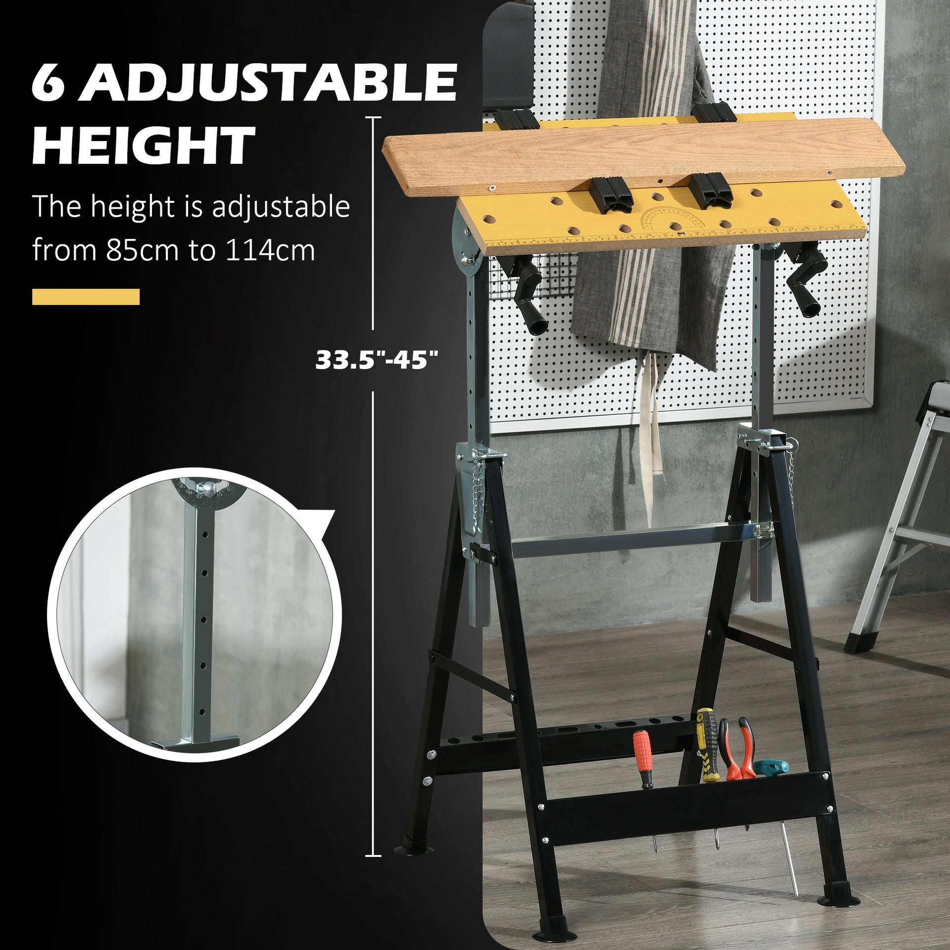 HOMCOM Work Bench Tool Stand with Adjustable Height and Angle, Carpenter Saw Table with 4 Clamps, Steel Frame, 220lbs Capacity