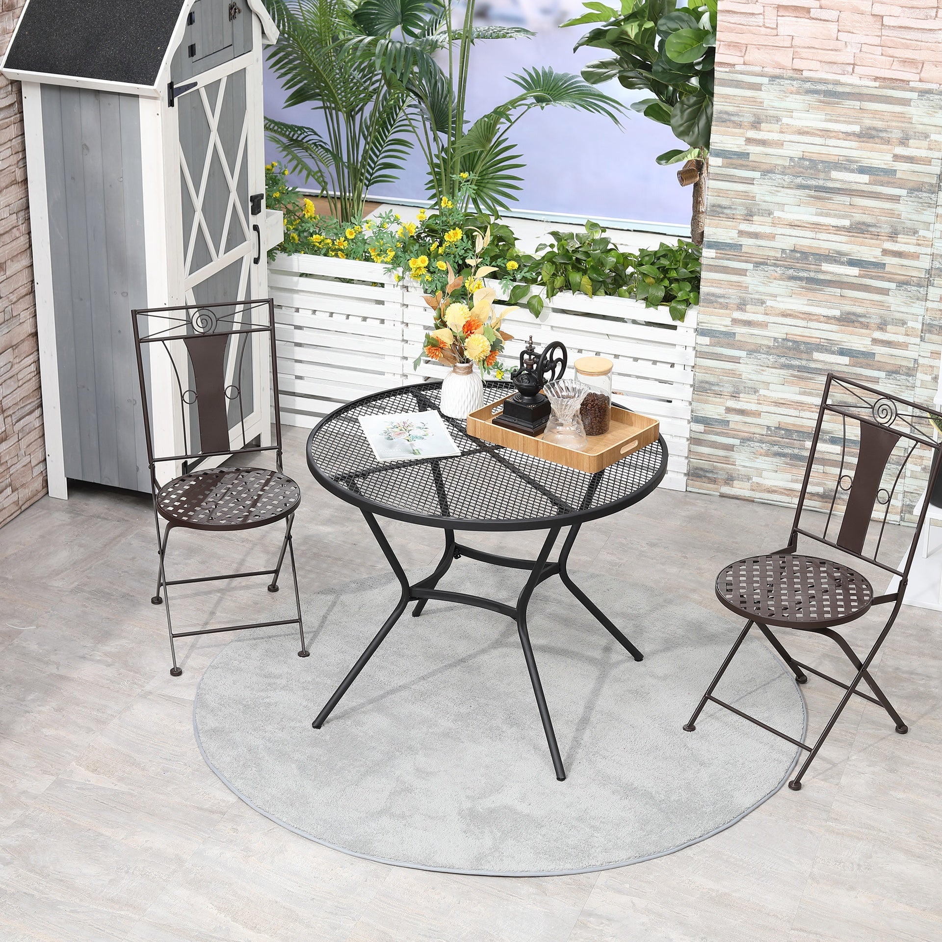 Outsunny 35" Round Outdoor Patio Bistro Dining Table, French Cafe Style, Conversation Space, Fast Drying Metal Mesh Tabletop for Garden, Backyard, Poolside, Black