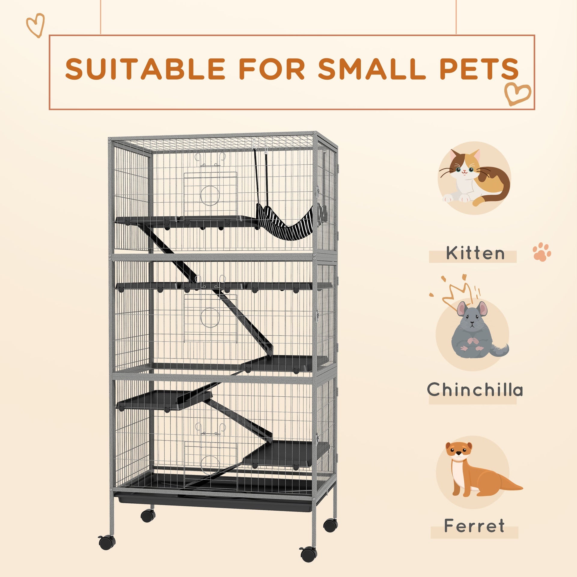 PawHut 63" H Rolling Small Animal Cage with Hammock, Ferret Cage, Chinchilla Cage, Pet Habitat with 6 Doors, Removable Tray