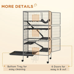 PawHut 63" H Rolling Small Animal Cage with Hammock, Ferret Cage, Chinchilla Cage, Pet Habitat with 6 Doors, Removable Tray