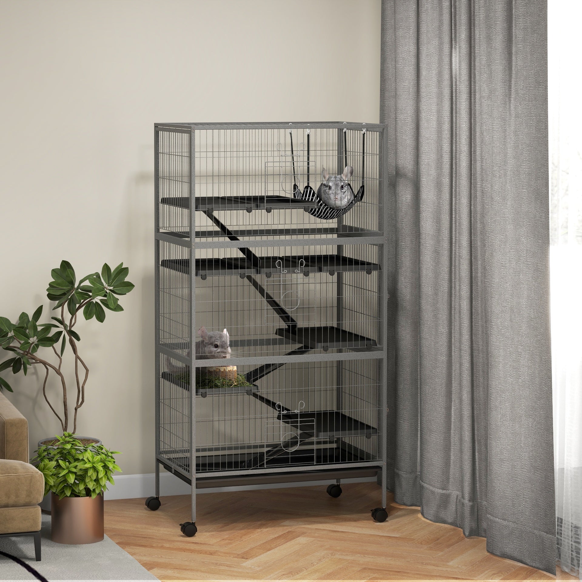 PawHut 63" H Rolling Small Animal Cage with Hammock, Ferret Cage, Chinchilla Cage, Pet Habitat with 6 Doors, Removable Tray