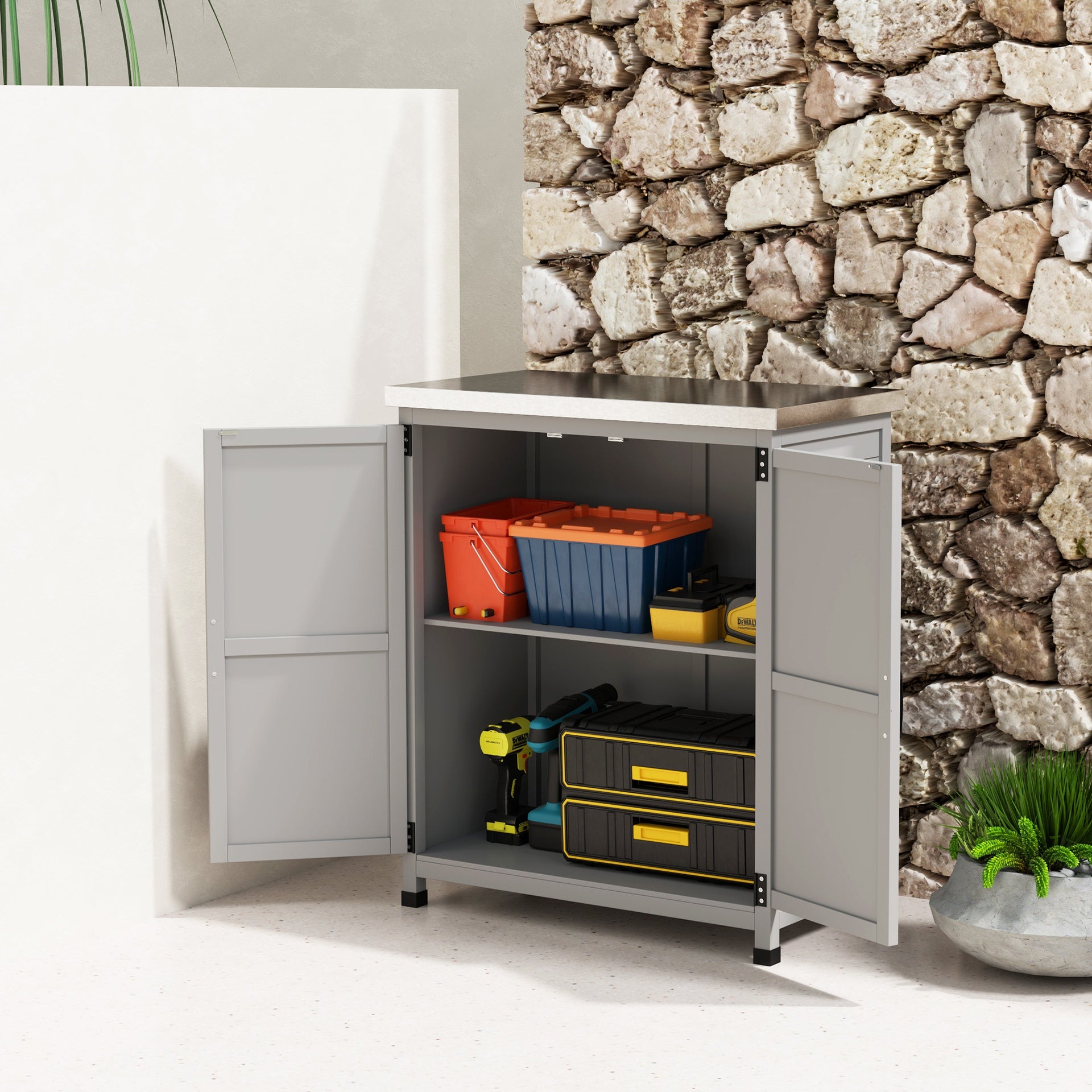 Outsunny Wooden Storage Cabinet, Outdoor Prep Table with Metal Tabletop, Shelves and Double Doors for Patio, Garden, Gray
