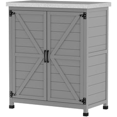Outsunny Wooden Storage Cabinet, Outdoor Prep Table with Metal Tabletop, Shelves and Double Doors for Patio, Garden, Gray