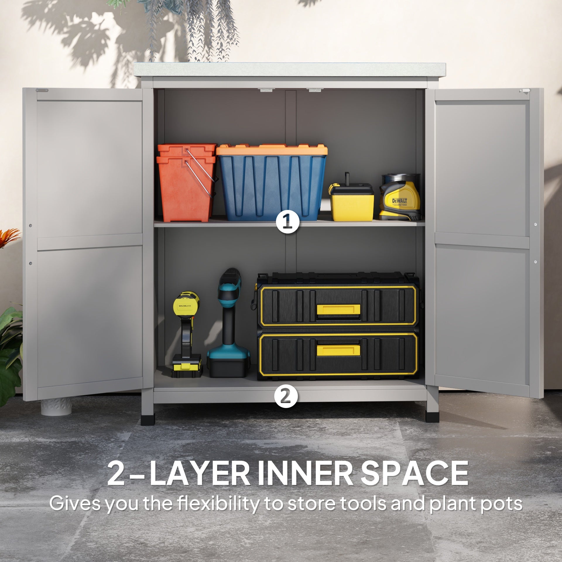 Outsunny Wooden Storage Cabinet, Outdoor Prep Table with Metal Tabletop, Shelves and Double Doors for Patio, Garden, Gray