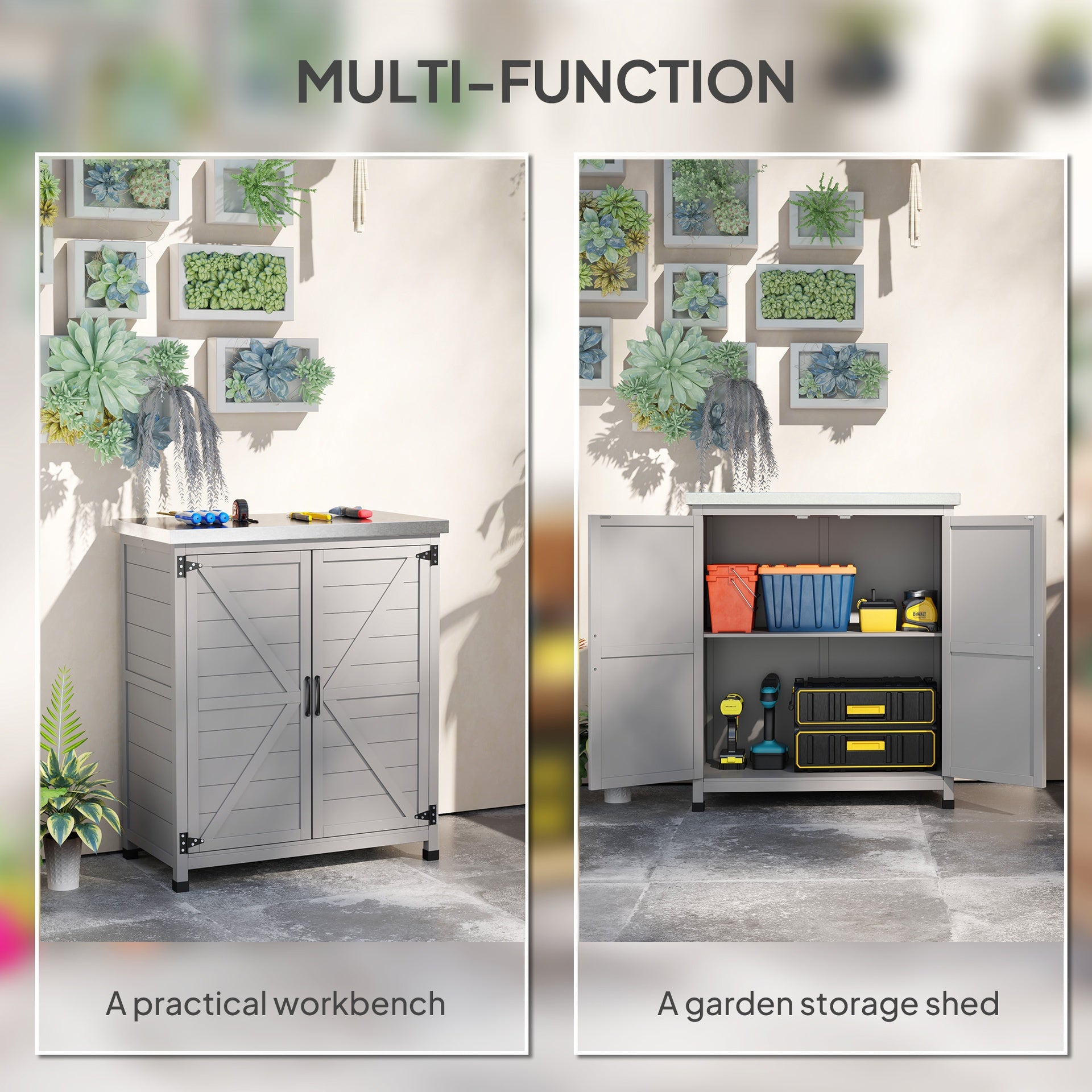 Outsunny Wooden Storage Cabinet, Outdoor Prep Table with Metal Tabletop, Shelves and Double Doors for Patio, Garden, Gray