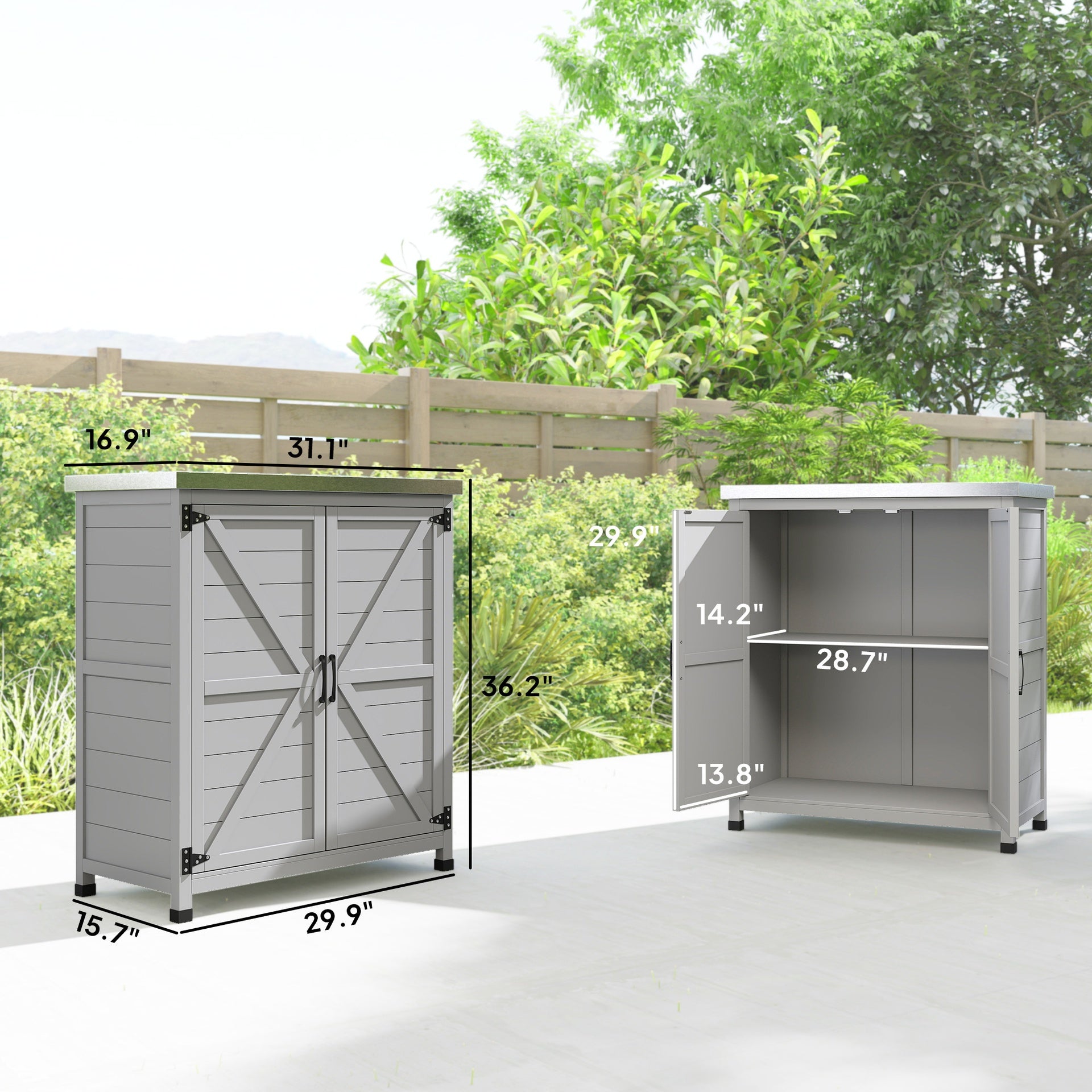 Outsunny Wooden Storage Cabinet, Outdoor Prep Table with Metal Tabletop, Shelves and Double Doors for Patio, Garden, Gray