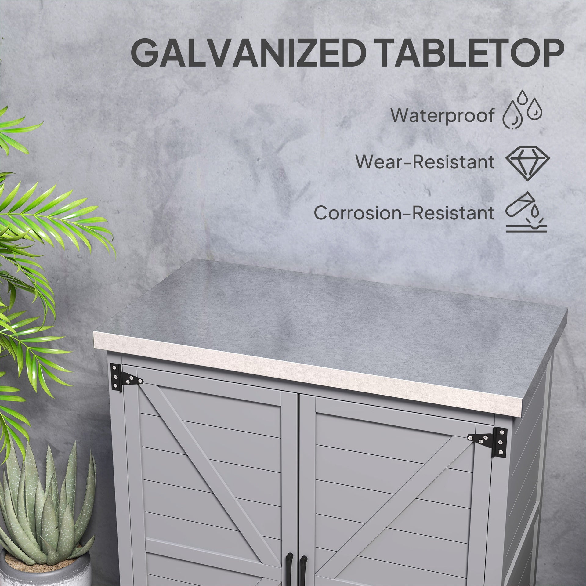 Outsunny Wooden Storage Cabinet, Outdoor Prep Table with Metal Tabletop, Shelves and Double Doors for Patio, Garden, Gray