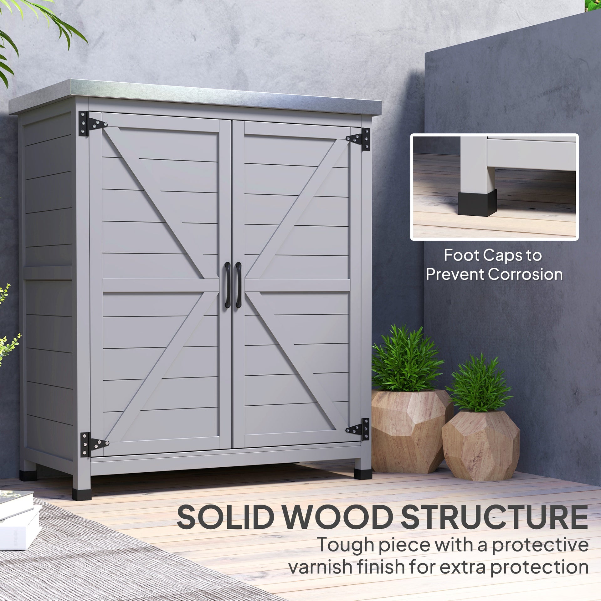 Outsunny Wooden Storage Cabinet, Outdoor Prep Table with Metal Tabletop, Shelves and Double Doors for Patio, Garden, Gray