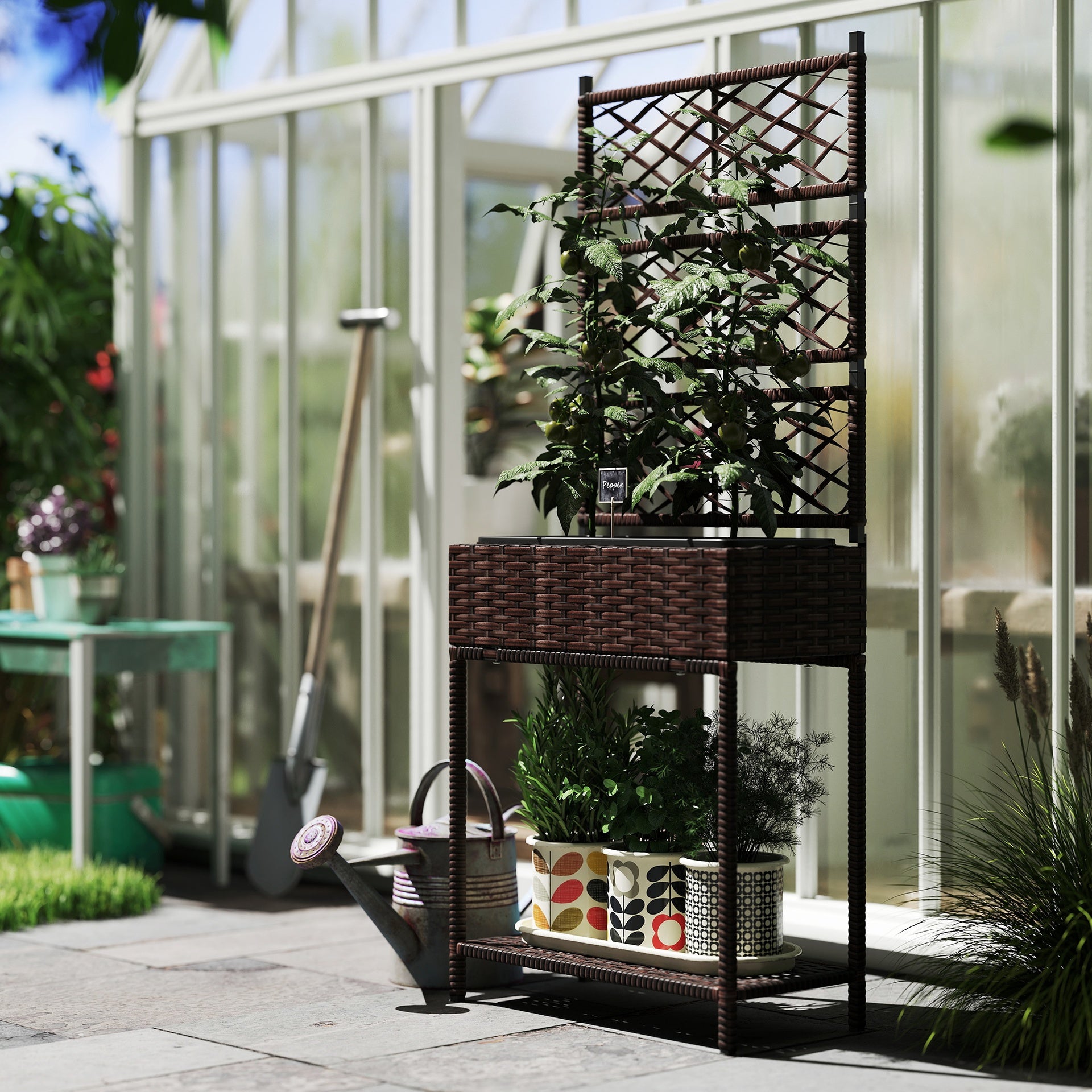 Outsunny Outdoor Wicker Planter with Trellis for Climbing Plants, Freestanding Rattan Garden Box with Storage Shelf, Brown