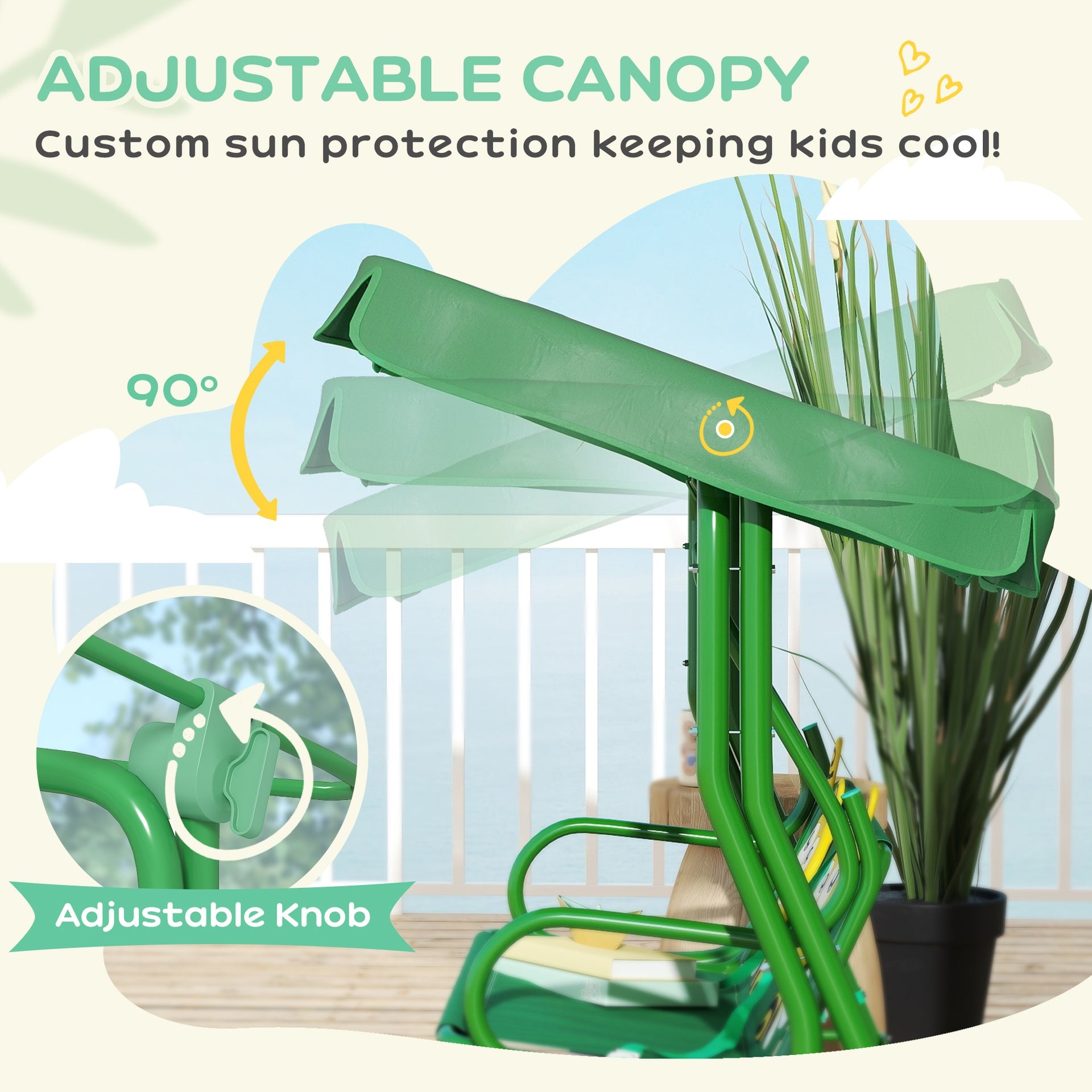 Qaba Kids Patio Swing Chair with Adjustable Canopy, Safety Belt for Patio, Garden, Poolside, Balcony, Dark Green