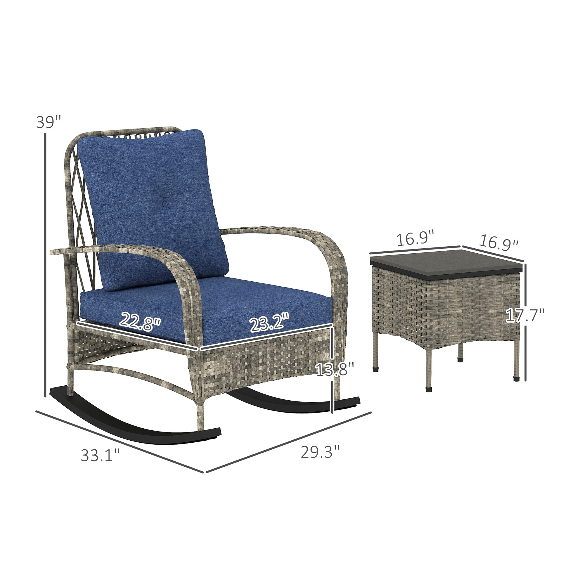 Outsunny 3 Piece Wicker Patio Furniture Set, Outdoor PE Rattan Rocking Chairs with Coffee Table, Cushions for Porch, Gray