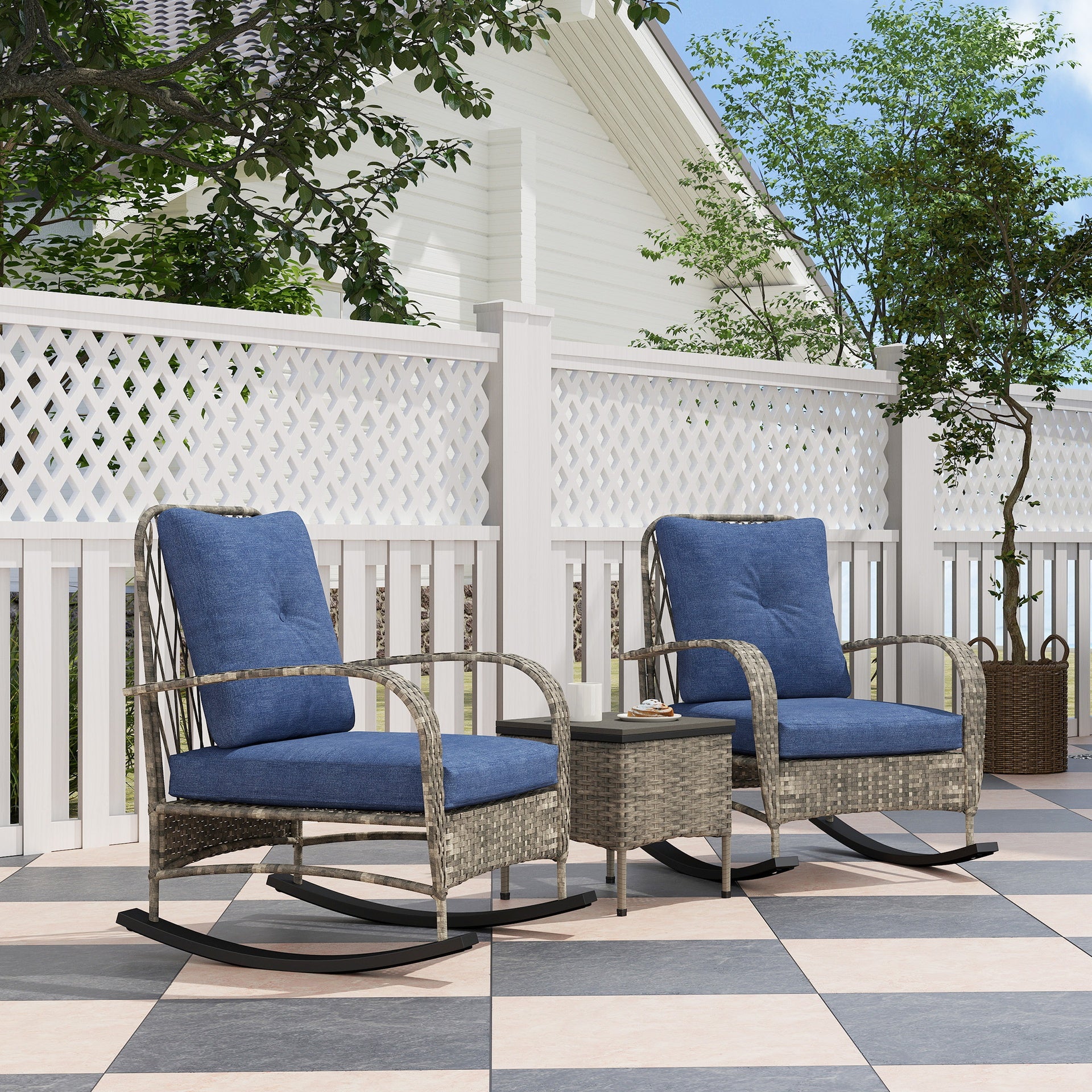 Outsunny 3 Piece Wicker Patio Furniture Set, Outdoor PE Rattan Rocking Chairs with Coffee Table, Cushions for Porch, Gray