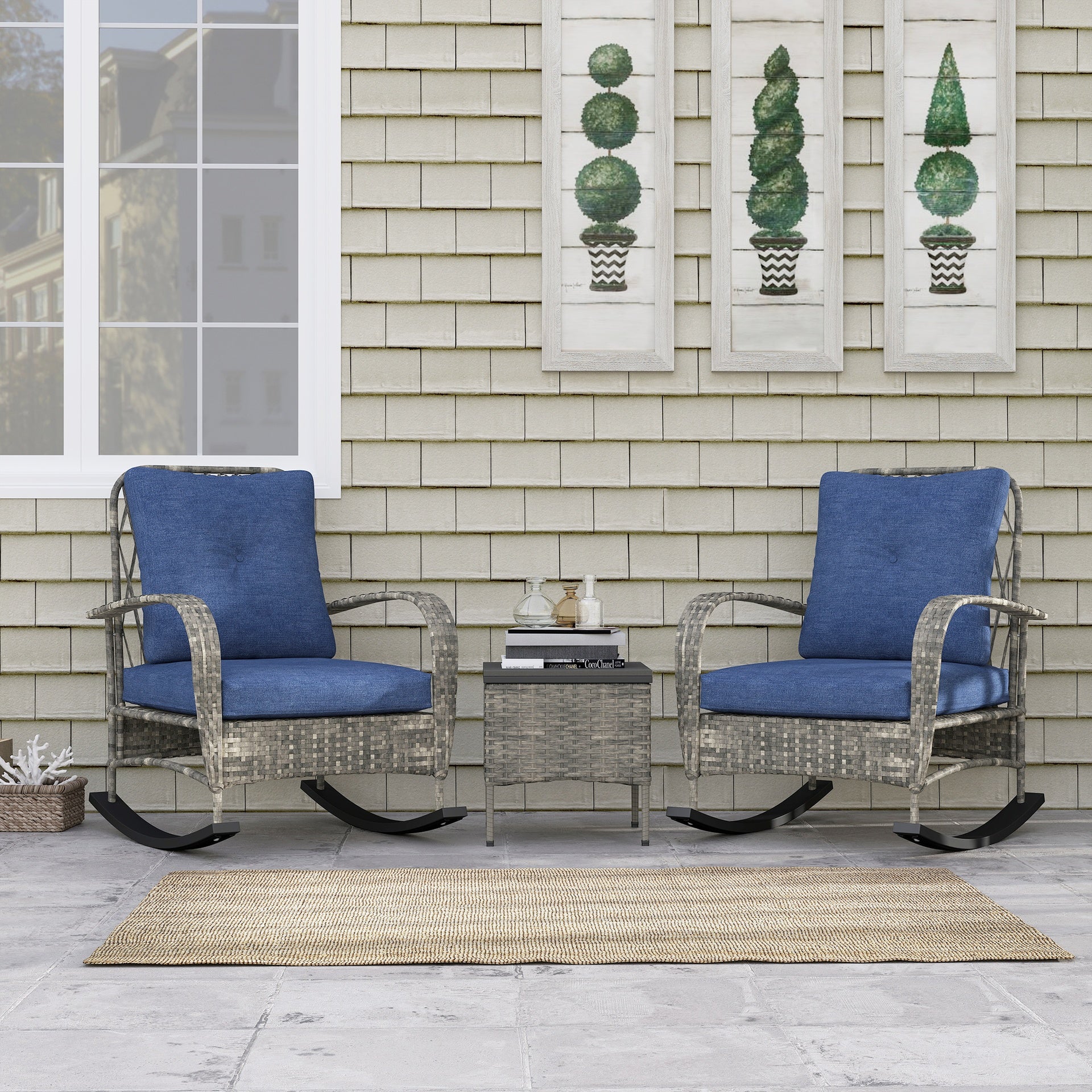 Outsunny 3 Piece Wicker Patio Furniture Set, Outdoor PE Rattan Rocking Chairs with Coffee Table, Cushions for Porch, Gray