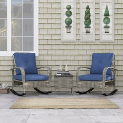 Outsunny 3 Piece Wicker Patio Furniture Set, Outdoor PE Rattan Rocking Chairs with Coffee Table, Cushions for Porch, Gray