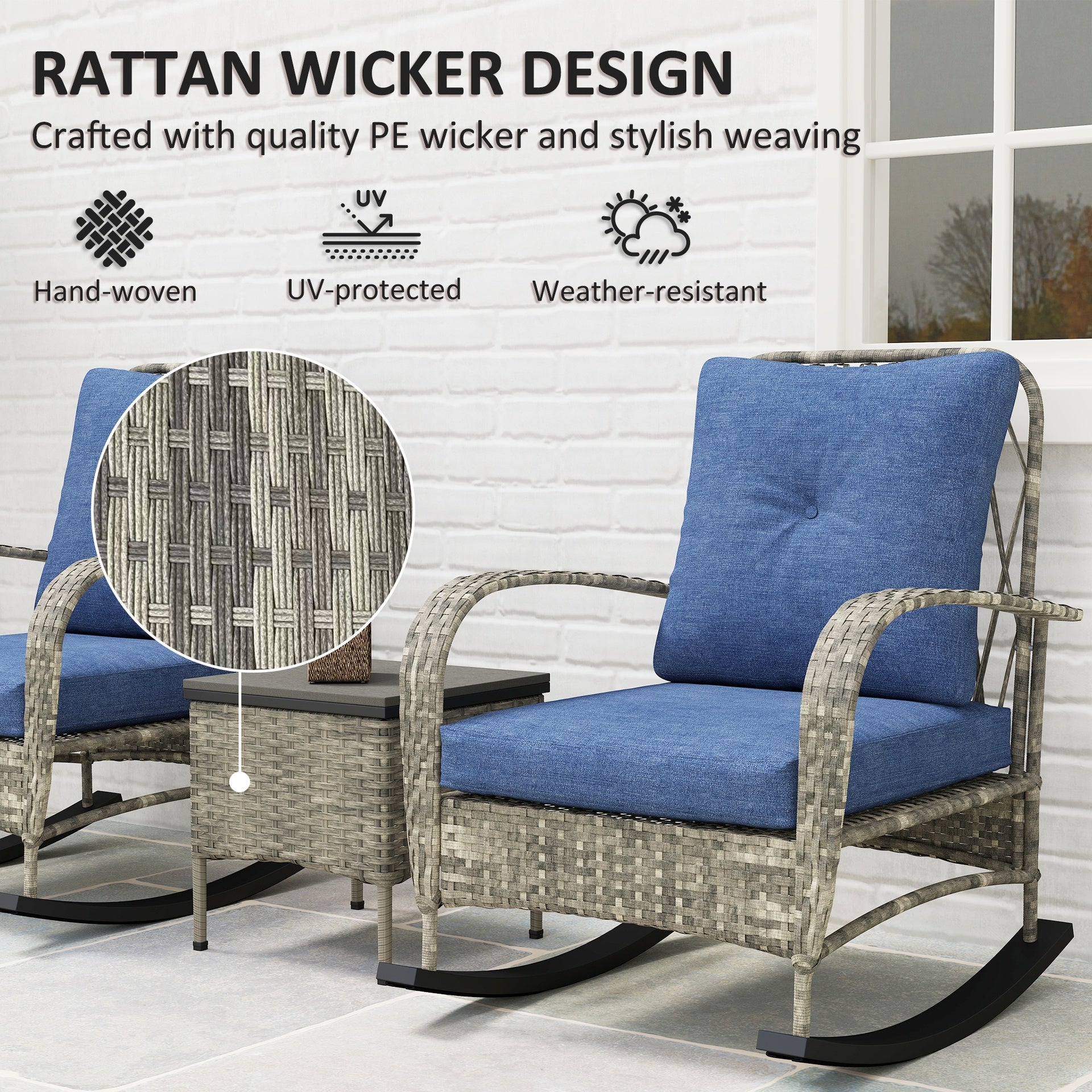 Outsunny 3 Piece Wicker Patio Furniture Set, Outdoor PE Rattan Rocking Chairs with Coffee Table, Cushions for Porch, Gray