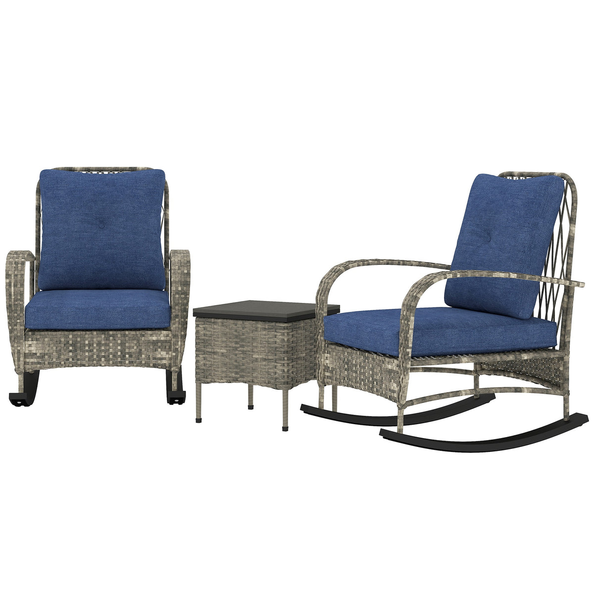 Outsunny 3 Piece Wicker Patio Furniture Set, Outdoor PE Rattan Rocking Chairs with Coffee Table, Cushions for Porch, Gray