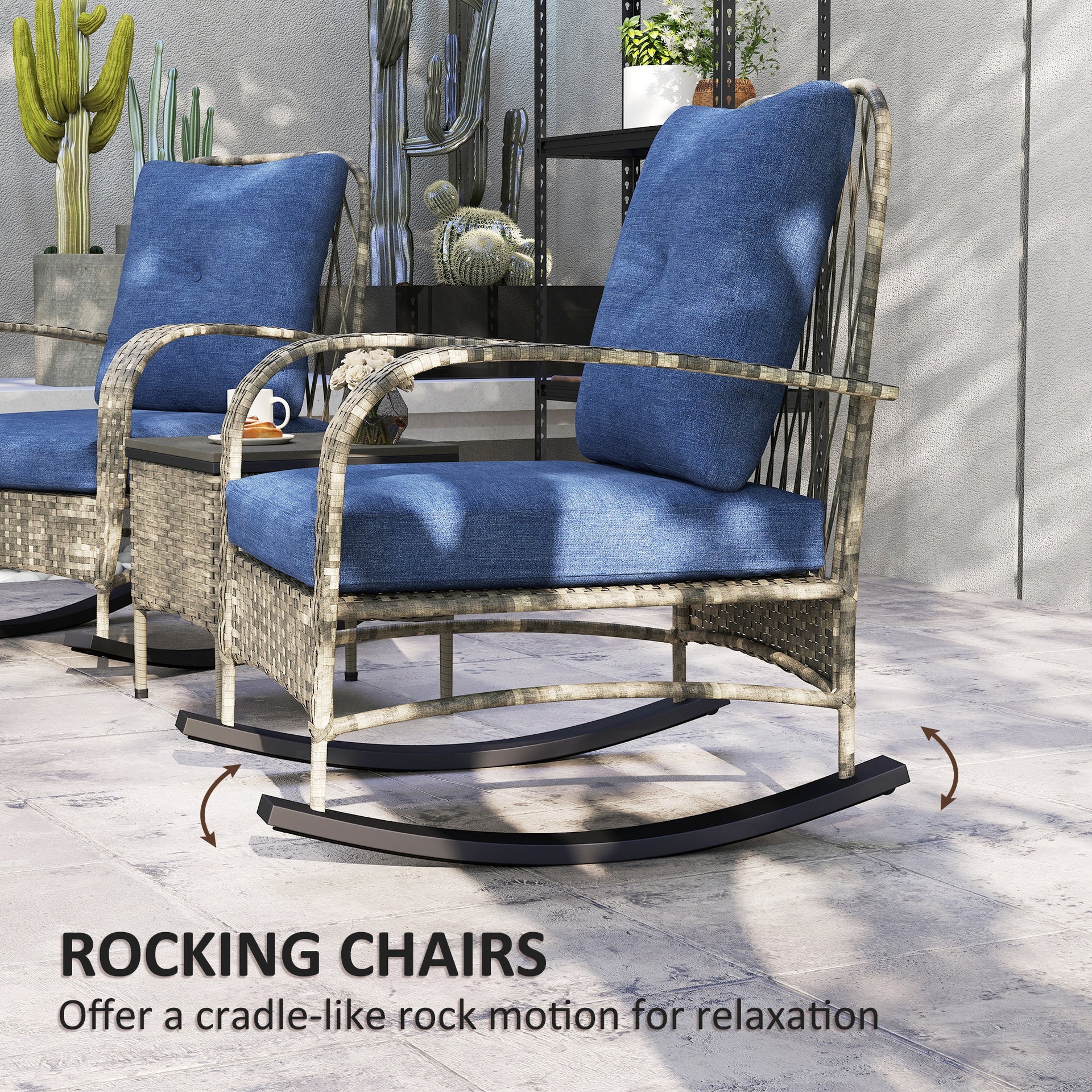 Outsunny 3 Piece Wicker Patio Furniture Set, Outdoor PE Rattan Rocking Chairs with Coffee Table, Cushions for Porch, Gray